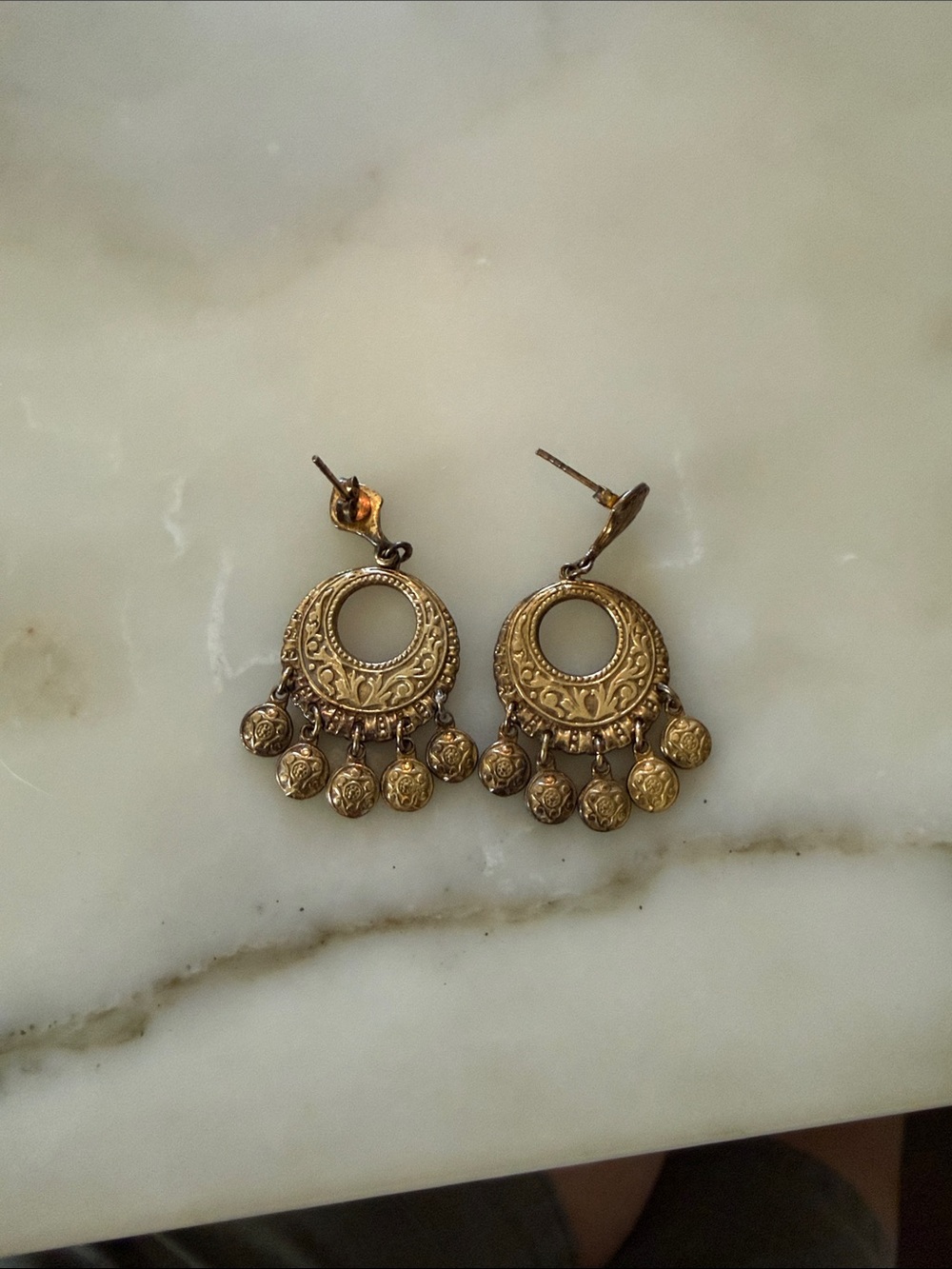 Source Unknown Gold Filigree Circle Drop Earrings with Coin Charms